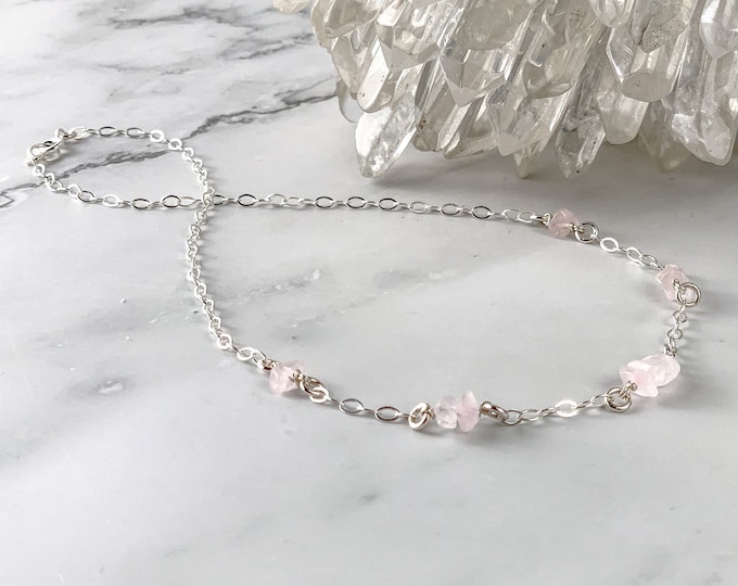 Dreamy Rose Quartz Necklace Valentine Gift, Genuine Rose Quartz necklace for valentine's day, raw rose pink crystal Satellite Station Choker