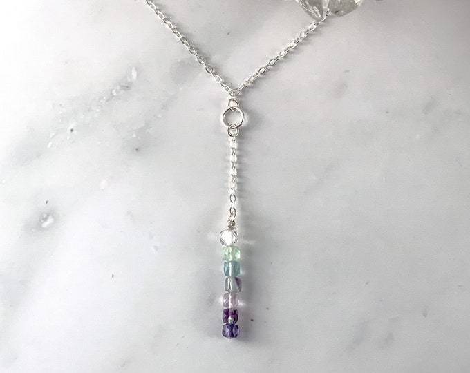 Fluorite necklace sterling silver Y Lariat, Raw crystals anti anxiety choker, Empath protection beaded necklace,Rainbow Fluorite Mother gift