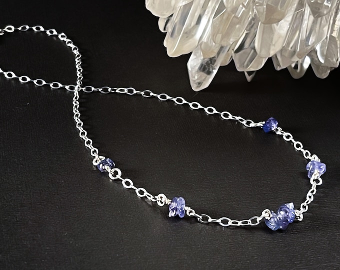 Elegant Tanzanite Necklace, Tanzanite crystals promotes Empath Protection, Sterling Silver everyday choker or necklace for women