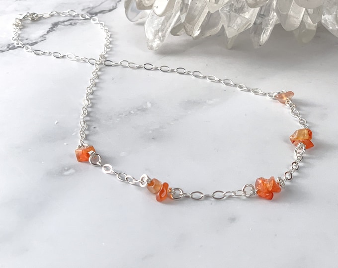 Raw Carnelian Necklace Sacral Chakra jewelry, Carnelian Satellite design Statement necklace, Orange crystal Courage choker gift for Summer