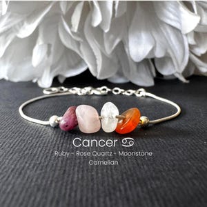 Cancer Zodiac Crystal Bracelet Astrology Anklet Sterling Silver Jewelry Gold Filled Chain Ruby Moonstone Rose quartz Carnelian Gemstone