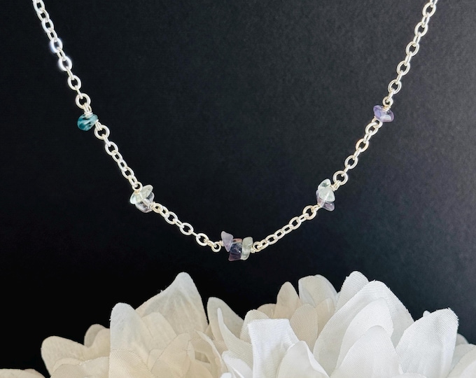 Raw Fluorite Crystal Necklace, Fluorite Satellite Station Necklace in Silver, Crystal beaded choker, Natural Genuine Real Unpolished Rough