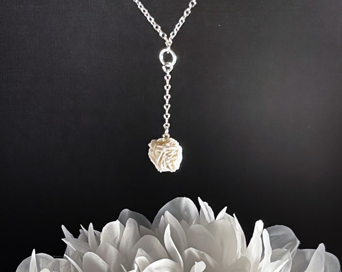 Desert Rose Selenite Gypsum Y Necklace, Selenite Rosette Necklace or Choker with sterling silver Lariat style for clarity and focus