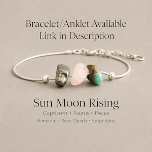 May include: A silver bracelet featuring three gemstone beads: a grey hematite, a pink rose quartz, and a green serpentine. The text "Sun Moon Rising" and the gemstones' names are below the bracelet. "Bracelet/Anklet Available Link in Description" is above.