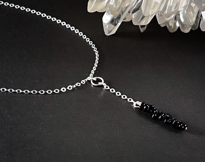 Raw Black Tourmaline Lariat Y Necklace, Grounding Black Tourmaline necklace or choker, EMF Protection gemstone jewelry