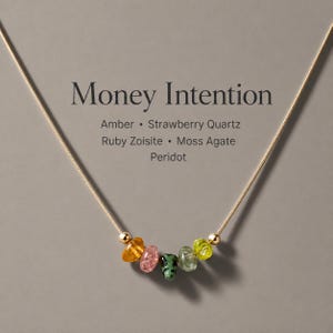 May include: A gold-tone chain necklace featuring five small, irregular tumbled gemstones in amber, pink, green, and yellow, flanked by two gold-tone beads. The text reads: Money Intention, Amber, Strawberry Quartz, Ruby Zoisite, Moss Agate, Peridot.