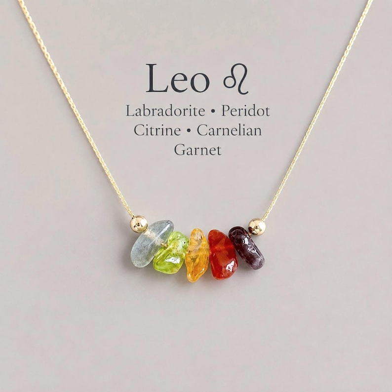 Astrology Birthday Gift Leo Zodiac Necklace August Birthstone Jewelry Crystal Healing Gemstone Collection Raw Stone Chip Pendant Five Natural Crystals Labradorite Peridot Citrine Carnelian Garnet Gold Beads Fire Sign Jewelry Gold Filled