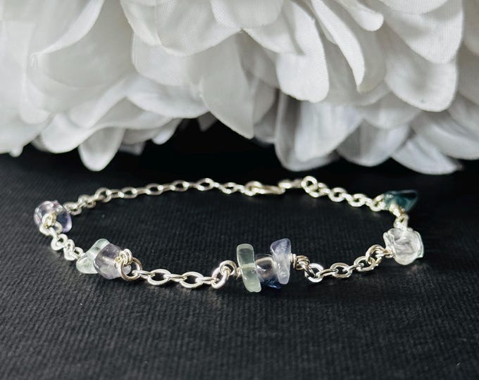 Raw Rainbow Fluorite Satellite Chain Bracelet or Anklet – Sterling Silver – Adjustable Length