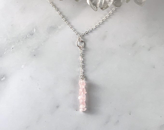 Pink Rose Quartz necklace, Y-shaped Lariat style necklace with AAA++ genuine Raw Rose Quartz crystals, Self Love jewelry, Fertility necklace
