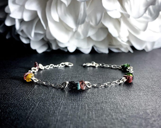 Raw Tourmaline Satellite Chain Beaded Bracelet Sterling Silver