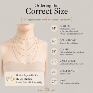 May include: A size guide infographic titled Ordering the Correct Size, showing five gold chains of varying lengths from 14 to 24 inches on a neck. Text labels define positions from choker to long, with an adjustable size option of 16-20 inches.