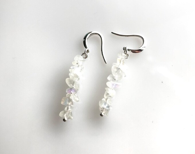 Raw Rainbow Moonstone Earrings, Fertility Stone Crystal Earrings, Dainty Dangle White Earrings