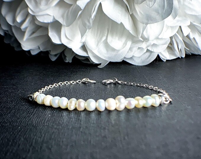 Beautiful Beaded Pearl Bracelet, White Genuine Real Pearls, Sterling Silver bracelet, Gemstone of Innocence, bridesmaid gift for her