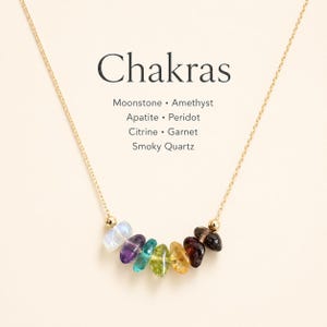May include: A gold necklace with seven gemstones in a rainbow of colours. The gemstones are arranged in a curved line. The necklace has a fine chain and small beads at each end. The word "Chakras" is written above the gemstones.
