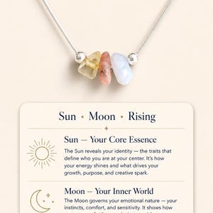 May include: A silver necklace with three crystals in yellow, pink, and blue. The necklace is designed for Sun, Moon, and Rising signs, with text indicating Leo, Cancer, and Libra. The image also includes information about Sun, Moon, and Rising.