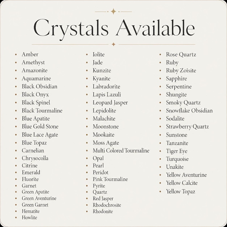May include: A cream-colored graphic lists various crystals available, including Amber, Amethyst, and Rose Quartz. The title "Crystals Available" is displayed in elegant, dark text. The list is organized in a clear, easy-to-read format.