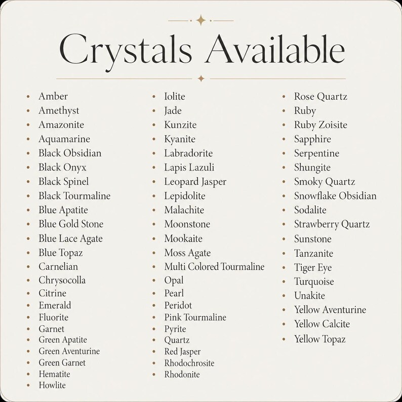 May include: A cream-colored graphic lists various crystals available, including Amber, Amethyst, and Rose Quartz. The text "Crystals Available" is at the top in a decorative font. The list is organized in two columns with bullet points.