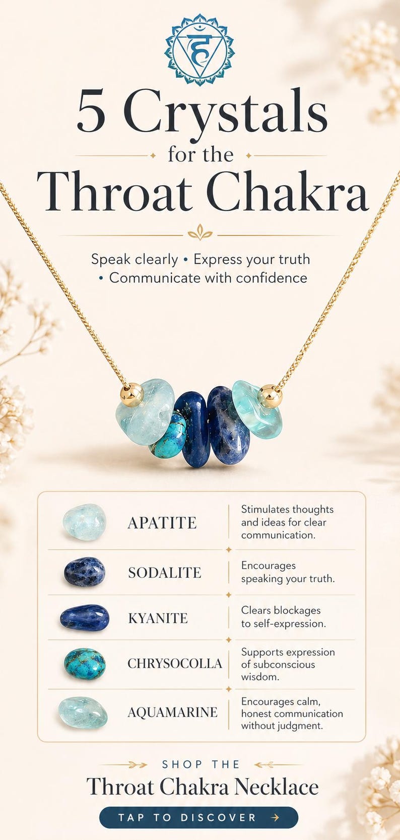 May include: A gold necklace with five crystals: apatite, sodalite, kyanite, chrysocolla, and aquamarine. The text reads "5 Crystals for the Throat Chakra" and promotes clear communication and self-expression. The necklace is designed to support the throat chakra.