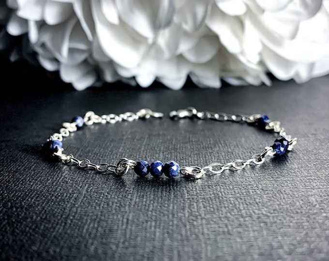 Elegant Sapphire satellite bracelet, Authentic genuine faceted Sapphire rondelle beads on delicate sterling silver, Satellite beaded anklet