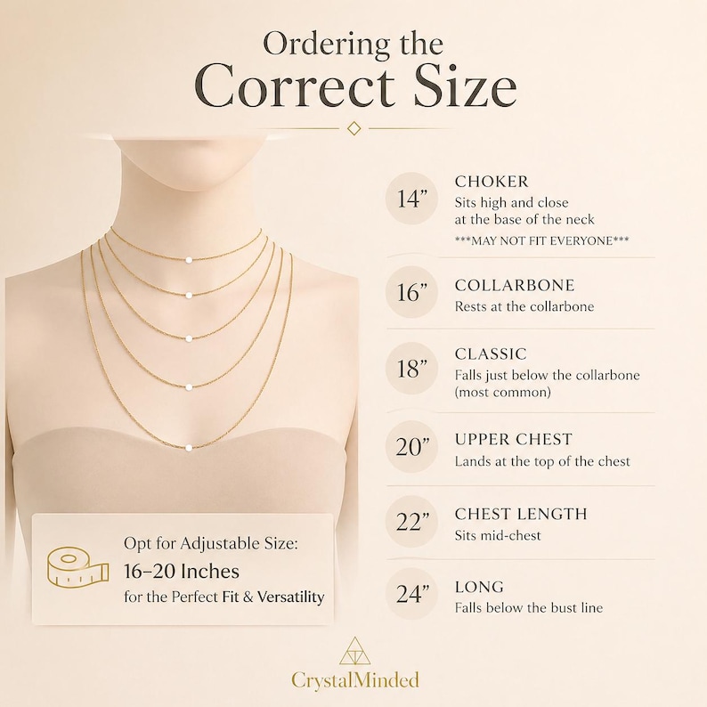 May include: A size guide infographic titled Ordering the Correct Size, displaying five gold chains on a neck model. Text lists lengths from 14 to 24 inches with descriptions for each position. A box notes an adjustable size option of 16-20 inches.