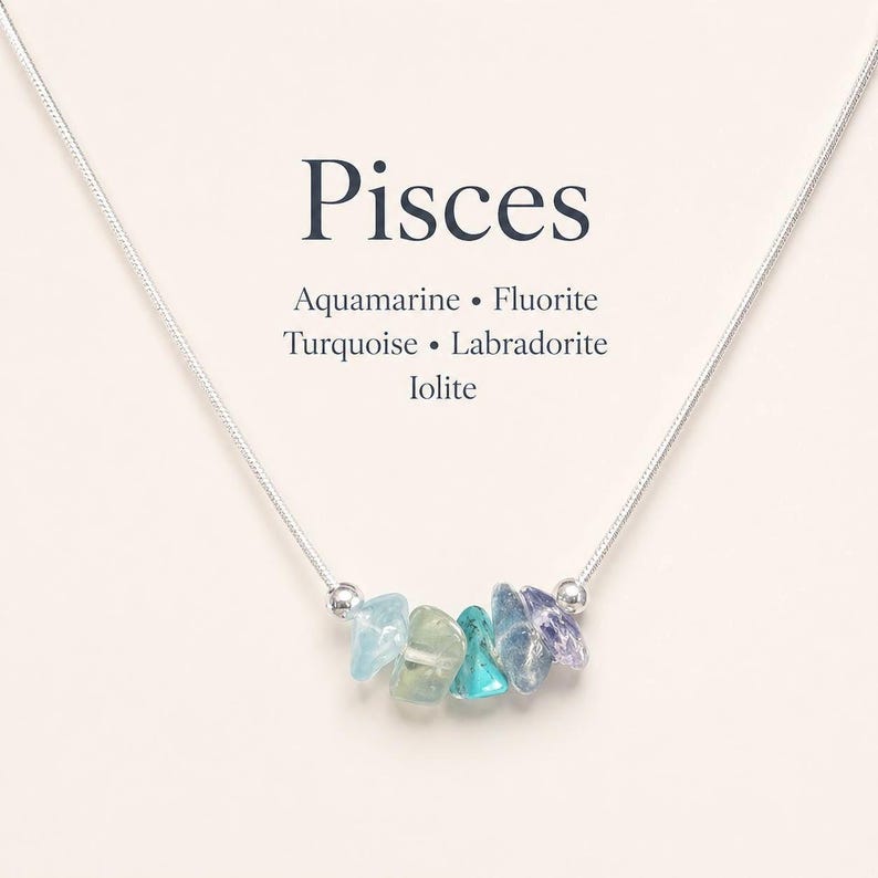 Pisces Necklace with Raw Crystals is a Zodiac Sign Necklace or an Astrology Choker. Crystal Jewelry Pisces Gift for women. Birthday Birth Chart Jewelry in Sterling Silver or Gold Filled features Aquamarine, Fluorite, Turquoise, Labradorite and Iolite. Simple Everyday Necklace makes an excellent Gift. Available in All zodiac Signs.