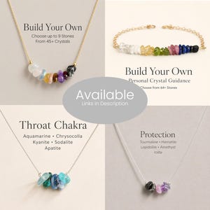 May include: A collage of jewelry featuring necklaces and a bracelet with multi-colored chip stones. Text includes Build Your Own, Choose up to 9 Stones From 45+ Crystals, Personal Crystal Guidance, Available, Throat Chakra, and Protection.