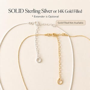 Pu&ograve; includere: Primo piano di due collane, una argentata e una dorata, con catene di estensione. Il testo in alto recita "SOLID Sterling Silver or 14K Gold Filled". Il testo "Extender is Optional" &egrave; sotto. Il testo "Gold Filled Not Available" &egrave; in una casella.