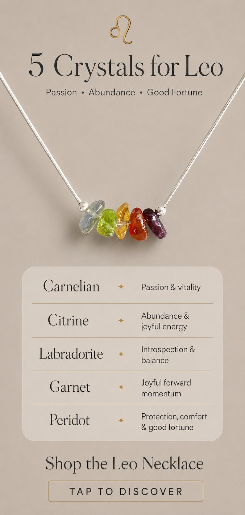 Pu&ograve; includere: Una collana a catena argentata con cinque piccoli cristalli lucidi multicolori: corniola, citrino, labradorite, granato e peridoto. Il testo recita 5 Crystals for Leo, Passion, Abundance, Good Fortune e Shop the Leo Necklace.