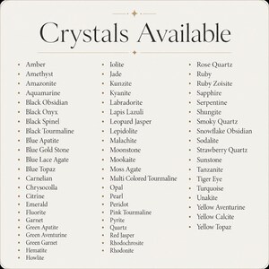May include: A cream-colored graphic lists various crystals available, including Amber, Amethyst, and Rose Quartz. The text "Crystals Available" is at the top in a decorative font. The list is organized in two columns with bullet points.
