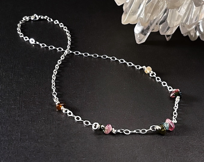 Minimalist Tourmaline & Silver necklace, October Birthstone choker, Unique woman jewelry gift, Authentic and Genuine crystal gemstones