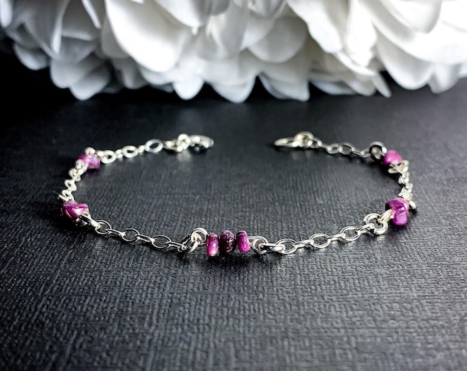 Raw Ruby Bracelet Station Ankle Bracelet Sterling Silver
