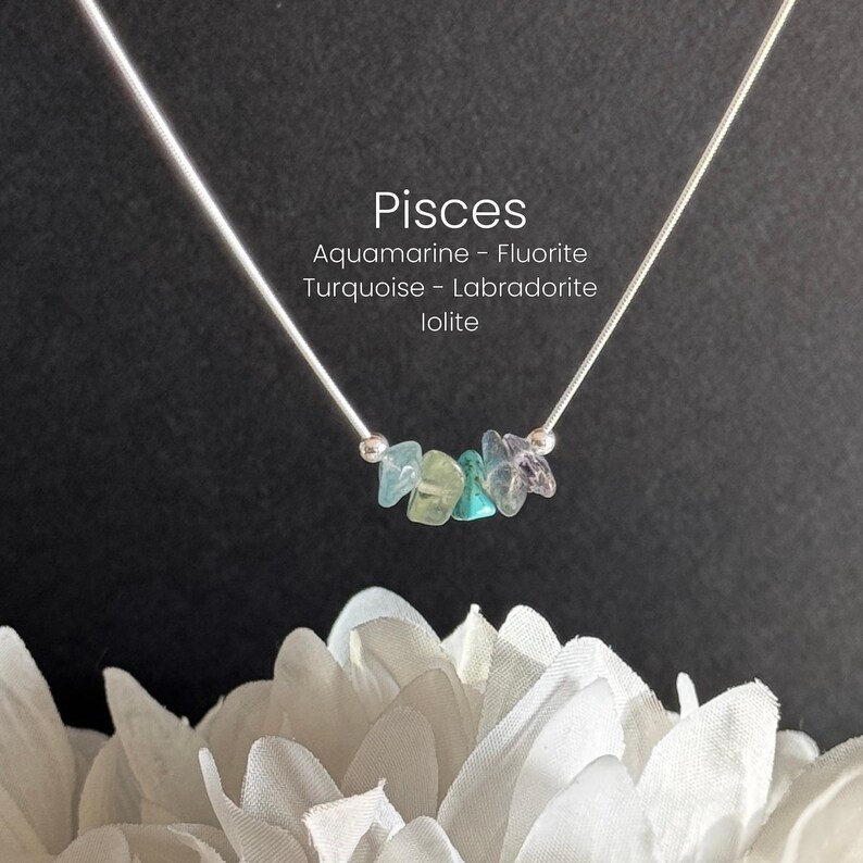 May include: A silver necklace featuring a cluster of colorful gemstones. The necklace includes aquamarine, fluorite, turquoise, labradorite, and iolite stones. The word "Pisces" is displayed above the gemstones.
