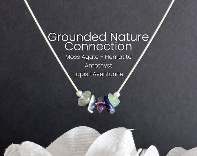 Grounding & Nature Connection Necklace - Crystal Healing Jewelry for Emotional Balance - Moss Agate, Amethyst, Hematite, Lapis, Aventurine