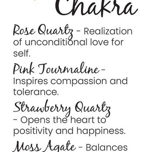 May include: A white graphic featuring the words "Heart Chakra" in cursive, with a green floral emblem. The text lists crystals: Rose Quartz, Pink Tourmaline, Strawberry Quartz, Moss Agate, and Amazonite, with their properties.