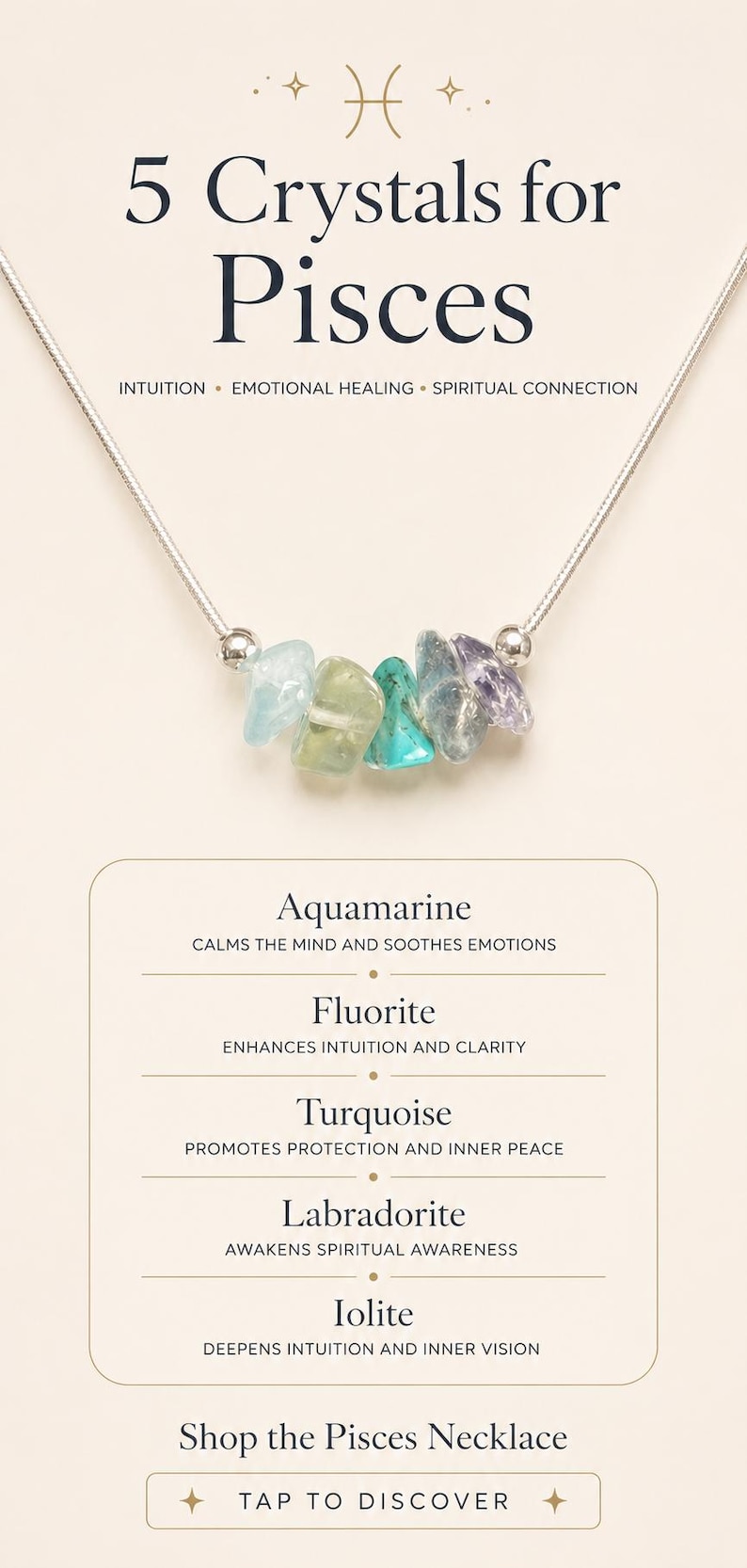 May include: A silver chain necklace featuring five raw, multi-colored crystals including aquamarine, fluorite, turquoise, labradorite, and iolite. The graphic text reads 5 Crystals for Pisces, Intuition, Emotional Healing, Spiritual Connection, and lists the five stones with their properties.