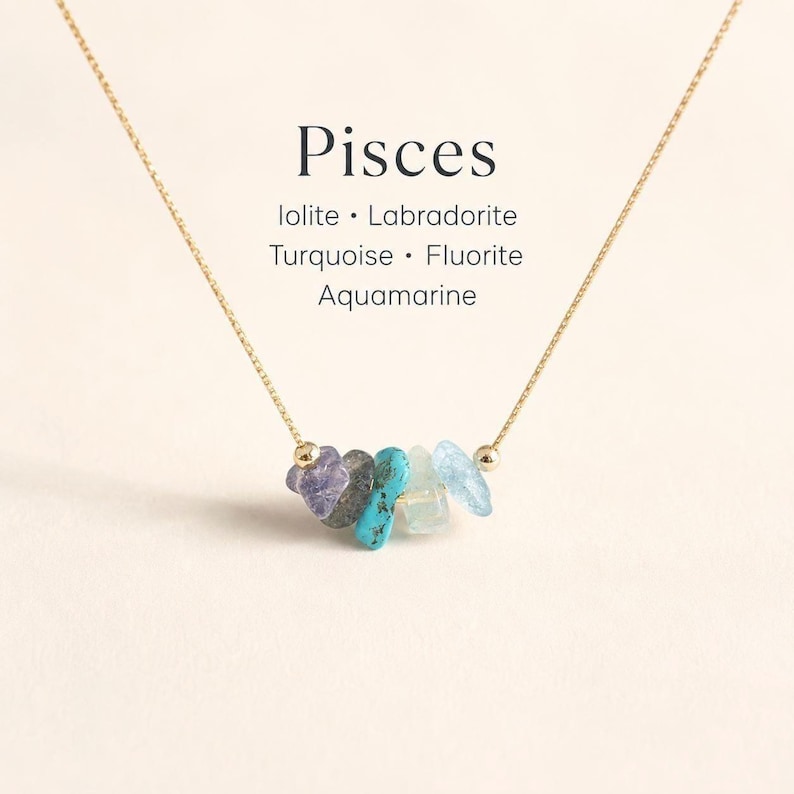 This Pisces Necklace features raw crystals. Supporting intuition, emotional balance, and spiritual flow. Zodiac Necklace makes a meaningful Astrology necklace for Pisces energy. Designed with natural gemstones, this crystal Necklace blends celestial symbolism with minimalist elegance.