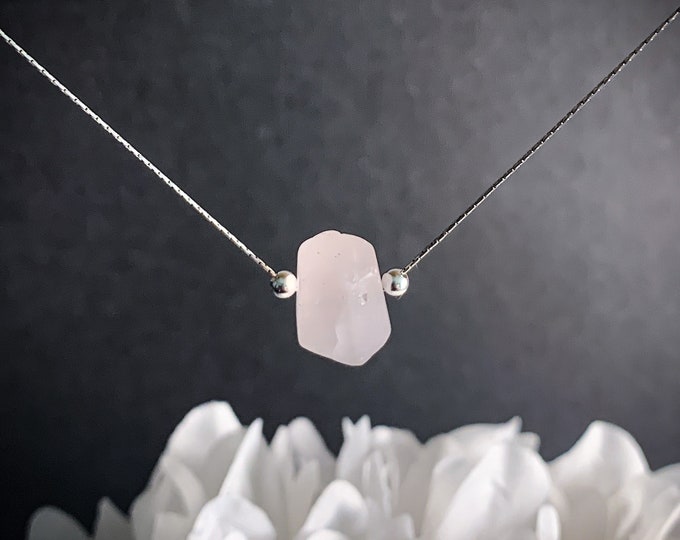 Rose Quartz Barrel Simple Necklace, Dainty Silver Choker, Calming Stones, Mindfulness Gift AAA++