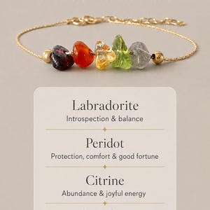 May include: A gold-toned chain bracelet featuring five raw, multi-colored gemstones: dark red garnet, orange carnelian, yellow citrine, green peridot, and grey labradorite. Text reads 5 Crystals for Leo, Passion, Abundance, Good Fortune, and Shop the Leo Necklace.