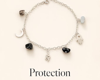 Skyddande Charm Armband Svart Turmalin Kristall Läkande Andliga Smycken Hamsa Guld Halvmåne Orm Charm Labradoritpärla Obsidian