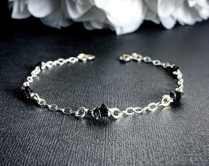 Black Spinel bracelet anniversary gift, dainty Black Spinel Satellite bracelet, Raw crystals Strength & Protective Energy Silver Jewelry