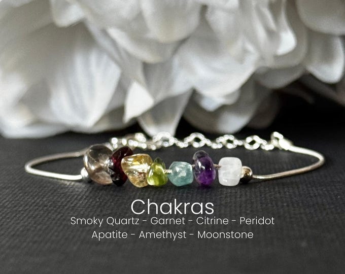 7 Chakra Bracelet, Chakra Anklet, Dainty Silver Bracelet raw healing crystals
