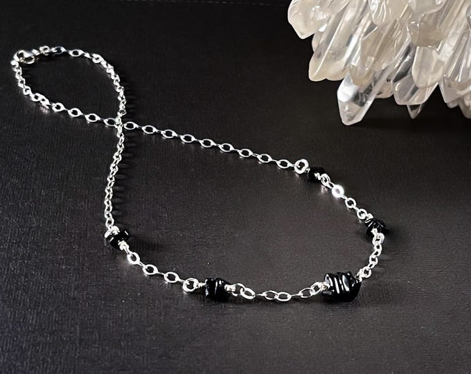 Black Tourmaline Necklace Anniversary Gift, Dainty Black crystal Satellite Station Necklace or Choker, Balance Self Confidence Power jewelry