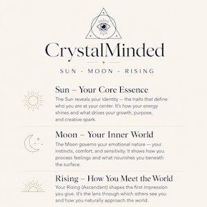 May include: A graphic with the text "CrystalMinded" and the words "Sun - Moon - Rising." The graphic includes descriptions of the Sun, Moon, and Rising signs, with related illustrations of a sun, moon, and sunrise.