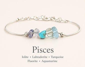 Pulsera o tobillera de cristal crudo de Piscis, joyería del zodiaco, pulsera ajustable con piedra de nacimiento de marzo, regalo significativo de Piscis para ella