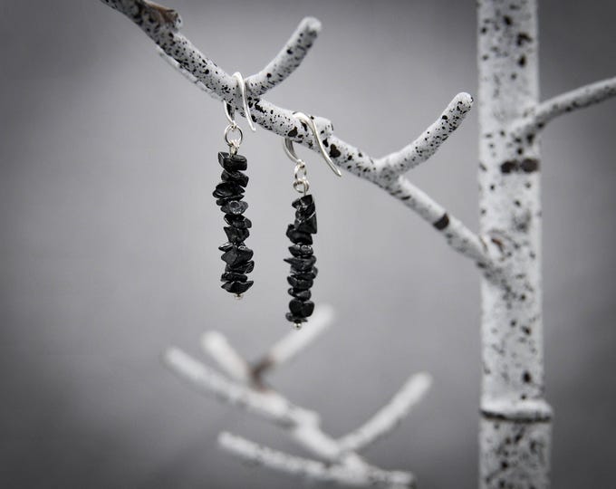 Raw Black Spinel Stone Silver Small Drop Dangle Earrings