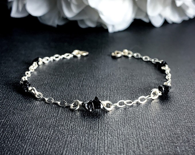 Black Spinel bracelet anniversary gift, dainty Black Spinel Satellite bracelet, Raw crystals Strength & Protective Energy Silver Jewelry