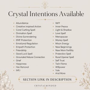 May include: A beige informational sign titled Crystal Intentions Available, listing various intentions like Abundance, Love Spell, and Money Spell in two columns. The bottom features a button labeled SECTION LINK IN DESCRIPTION and the text CRYSTALMINDED.