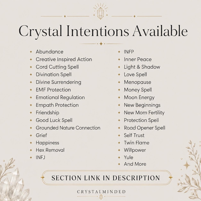 May include: A beige informational sign titled Crystal Intentions Available, listing various intentions like Abundance, Love Spell, and Money Spell in two columns. The bottom features a button labeled SECTION LINK IN DESCRIPTION and the text CRYSTALMINDED.
