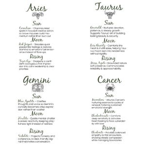 May include: A white card featuring the zodiac signs Aries, Taurus, Gemini, and Cancer, each with a symbol and descriptions of sun, moon, and rising signs. The text is in a handwritten style.