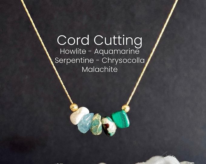 Cord Cutting Raw Crystal Necklace – Energy Clearing & Releasing Attachments – Malachite, Chrysocolla, Serpentine, Aquamarine, Howlite